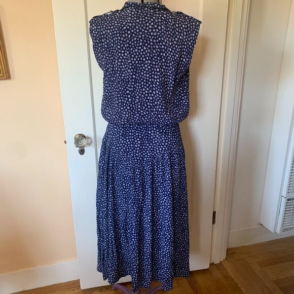 VTG 90s navy white button up dress midi maxi pipping pockets European 38 boho - Picture 5 of 7